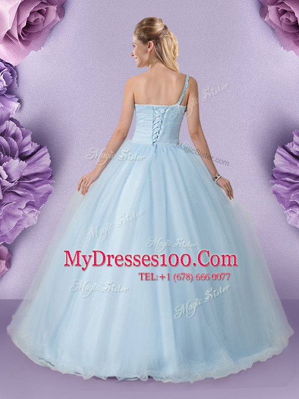 On Sale One Shoulder Light Blue Ball Gowns Appliques Vestidos de Quinceanera Lace Up Tulle Sleeveless Floor Length