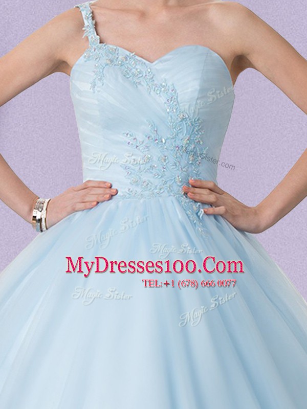 On Sale One Shoulder Light Blue Ball Gowns Appliques Vestidos de Quinceanera Lace Up Tulle Sleeveless Floor Length