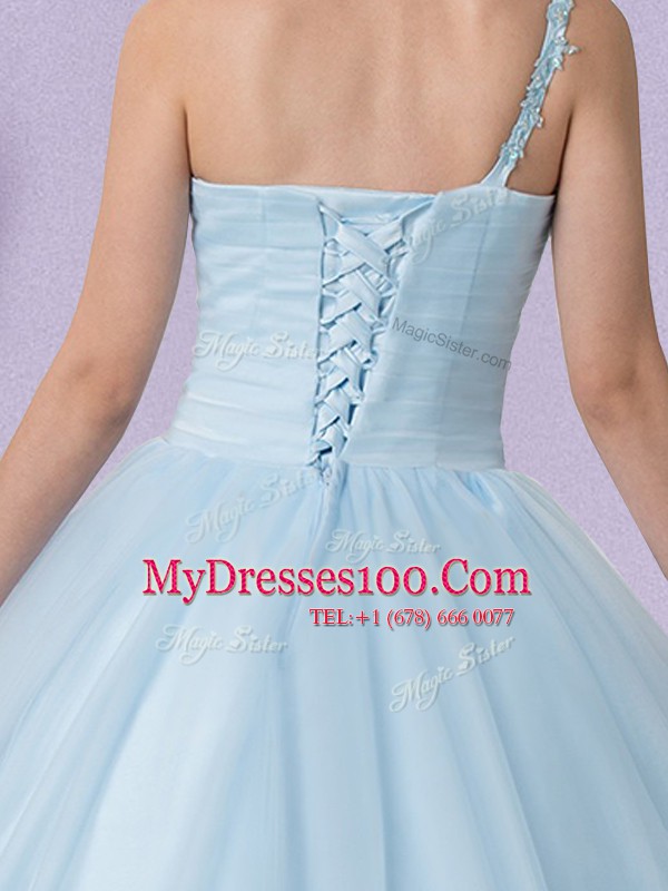 On Sale One Shoulder Light Blue Ball Gowns Appliques Vestidos de Quinceanera Lace Up Tulle Sleeveless Floor Length