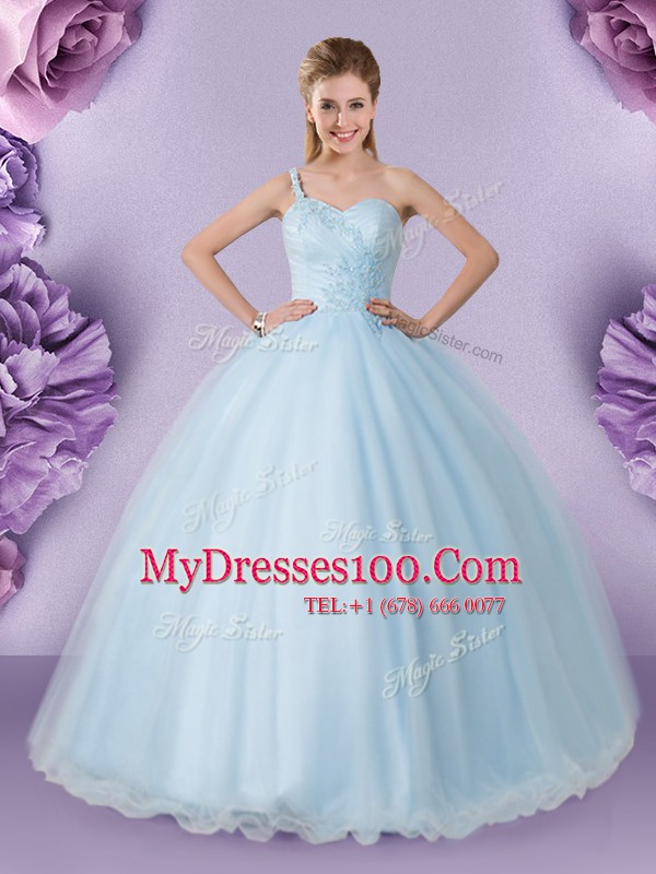 On Sale One Shoulder Light Blue Ball Gowns Appliques Vestidos de Quinceanera Lace Up Tulle Sleeveless Floor Length