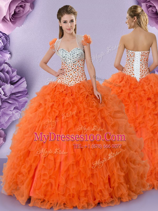 Hot Selling Orange Red Tulle Lace Up Quinceanera Gown Sleeveless Floor Length Beading and Ruffles