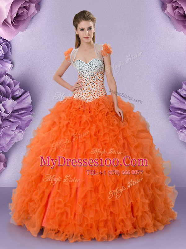 Hot Selling Orange Red Tulle Lace Up Quinceanera Gown Sleeveless Floor Length Beading and Ruffles