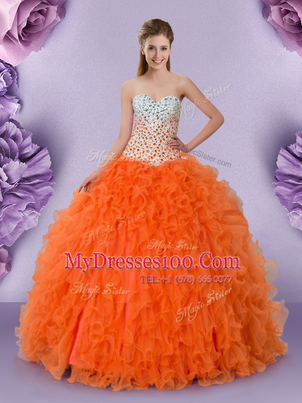 Hot Selling Orange Red Tulle Lace Up Quinceanera Gown Sleeveless Floor Length Beading and Ruffles