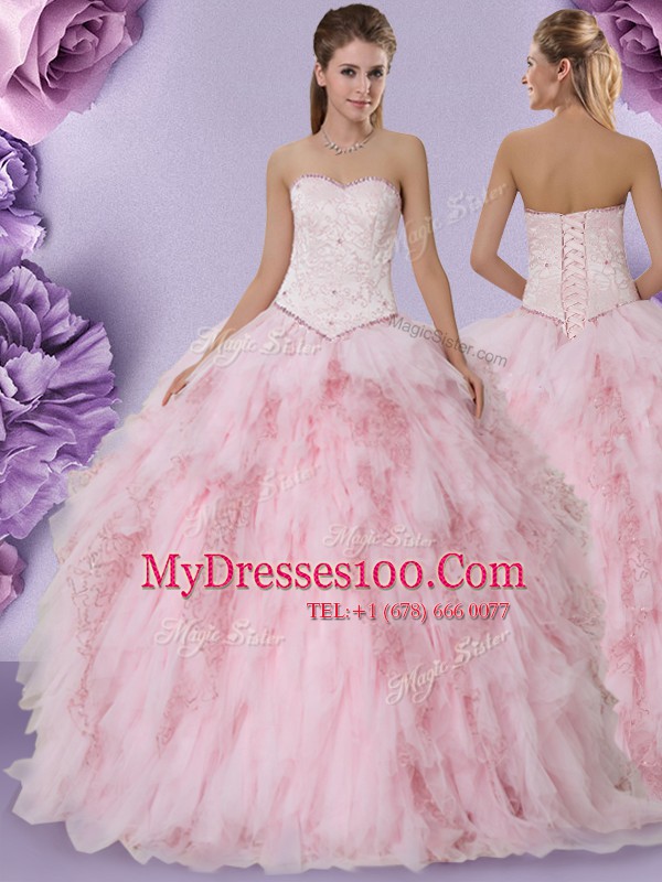 Tulle Sweetheart Sleeveless Lace Up Beading and Lace and Ruffles 15 Quinceanera Dress in Baby Pink