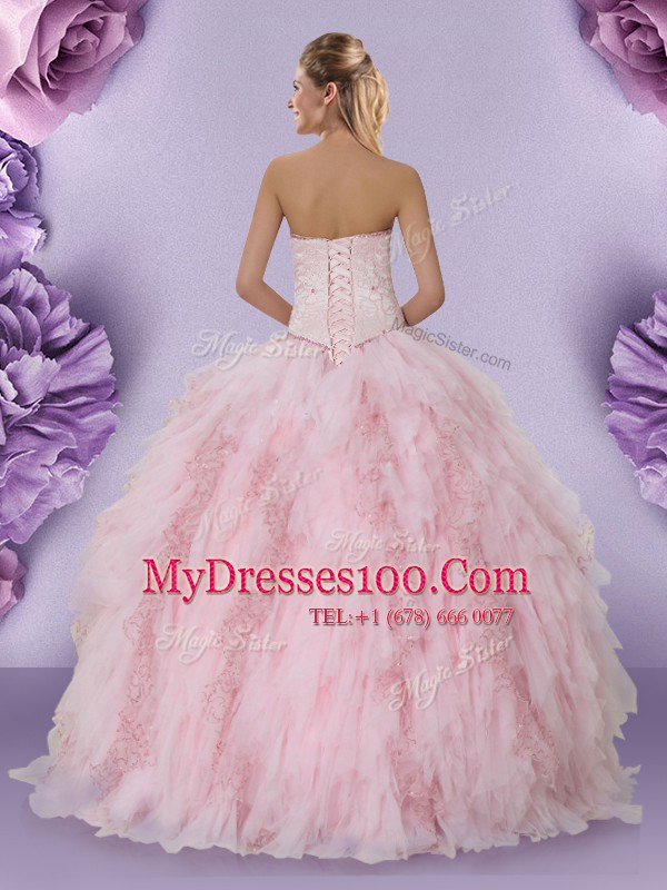 Tulle Sweetheart Sleeveless Lace Up Beading and Lace and Ruffles 15 Quinceanera Dress in Baby Pink