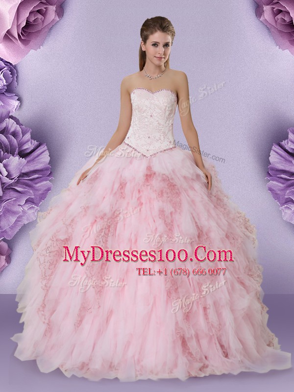 Tulle Sweetheart Sleeveless Lace Up Beading and Lace and Ruffles 15 Quinceanera Dress in Baby Pink