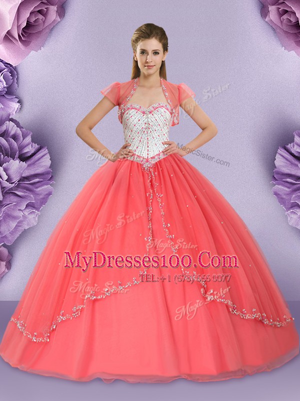High End Watermelon Red Ball Gowns Tulle Sweetheart Sleeveless Beading Floor Length Lace Up Ball Gown Prom Dress