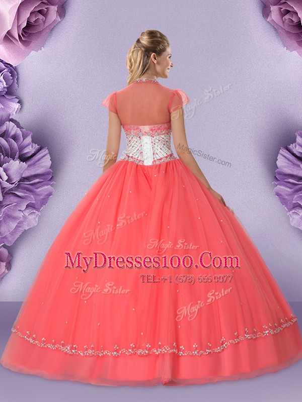 High End Watermelon Red Ball Gowns Tulle Sweetheart Sleeveless Beading Floor Length Lace Up Ball Gown Prom Dress