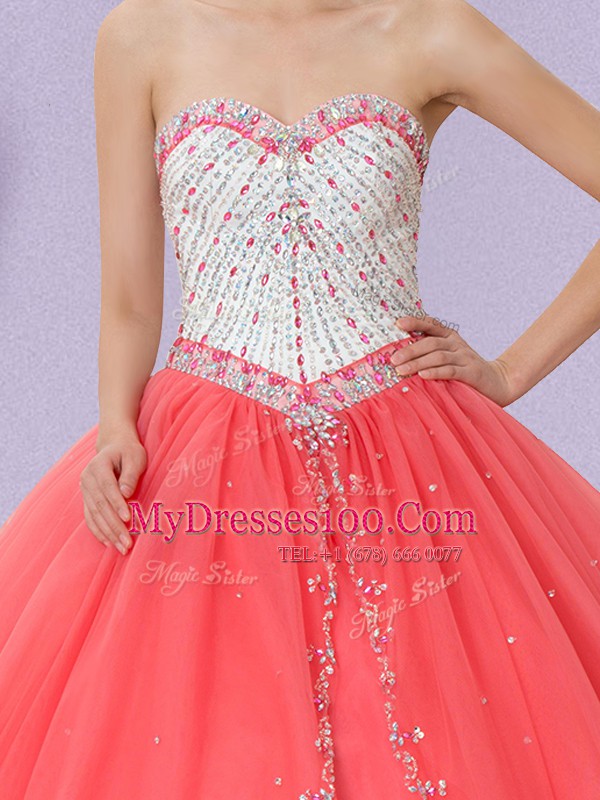 High End Watermelon Red Ball Gowns Tulle Sweetheart Sleeveless Beading Floor Length Lace Up Ball Gown Prom Dress