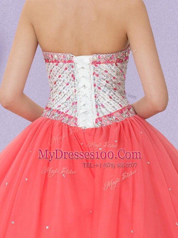 High End Watermelon Red Ball Gowns Tulle Sweetheart Sleeveless Beading Floor Length Lace Up Ball Gown Prom Dress