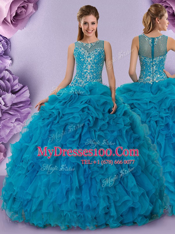 Custom Design Scoop Sleeveless Zipper Sweet 16 Dress Teal Organza