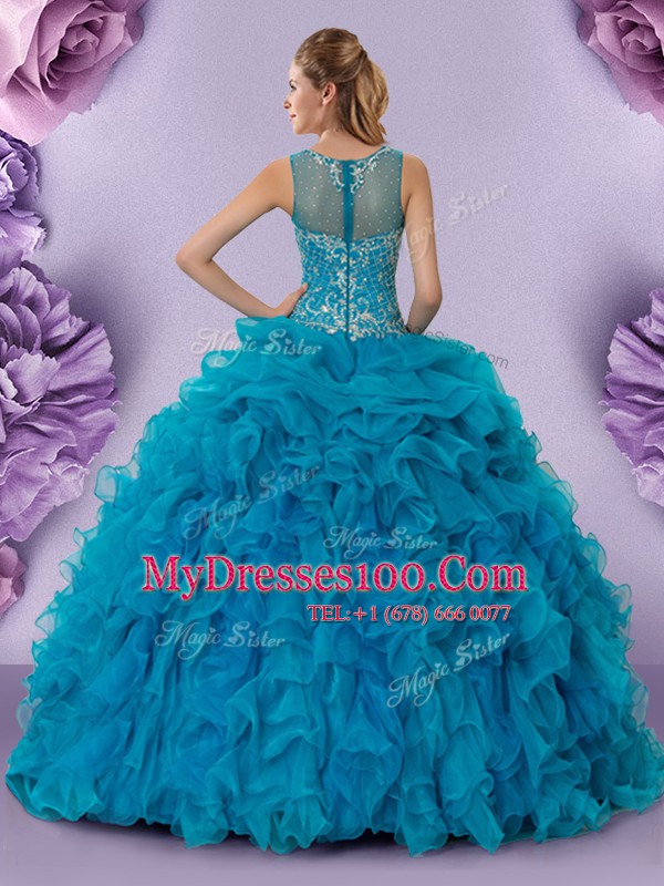 Custom Design Scoop Sleeveless Zipper Sweet 16 Dress Teal Organza
