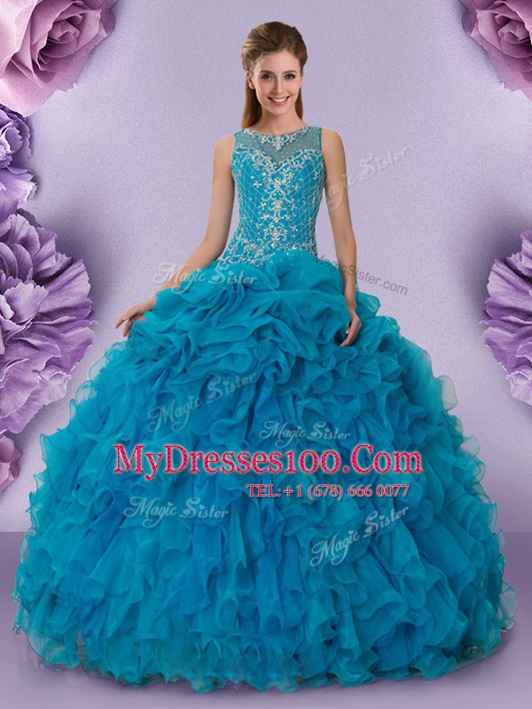 Custom Design Scoop Sleeveless Zipper Sweet 16 Dress Teal Organza