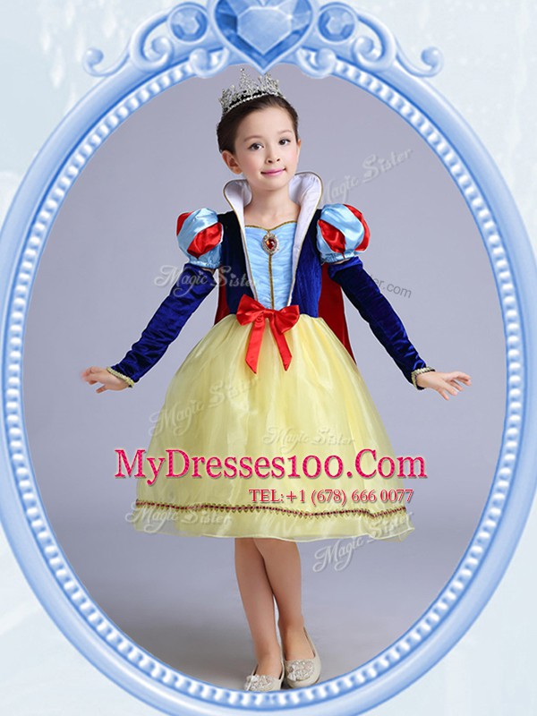 Square Short Sleeves Flower Girl Dresses Knee Length Bowknot Yellow Organza