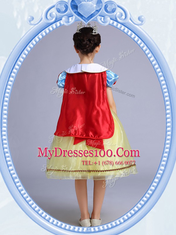 Square Short Sleeves Flower Girl Dresses Knee Length Bowknot Yellow Organza