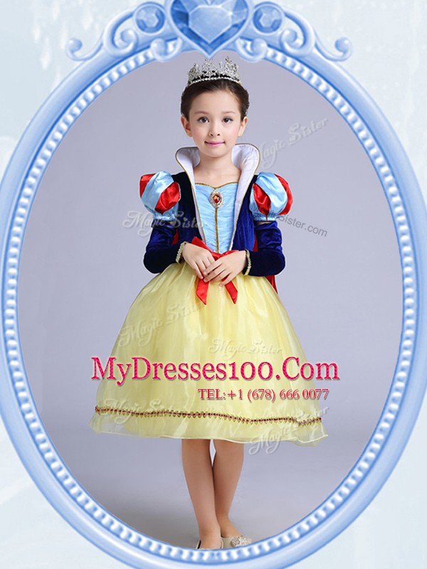 Square Short Sleeves Flower Girl Dresses Knee Length Bowknot Yellow Organza