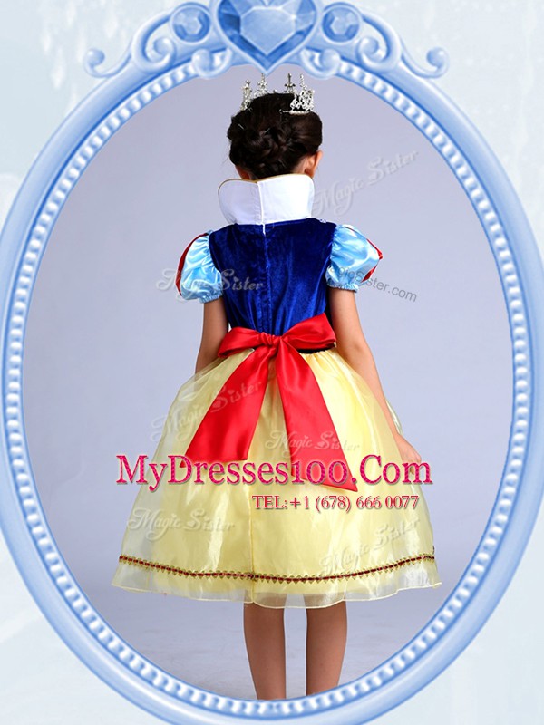 Square Short Sleeves Flower Girl Dresses Knee Length Bowknot Yellow Organza