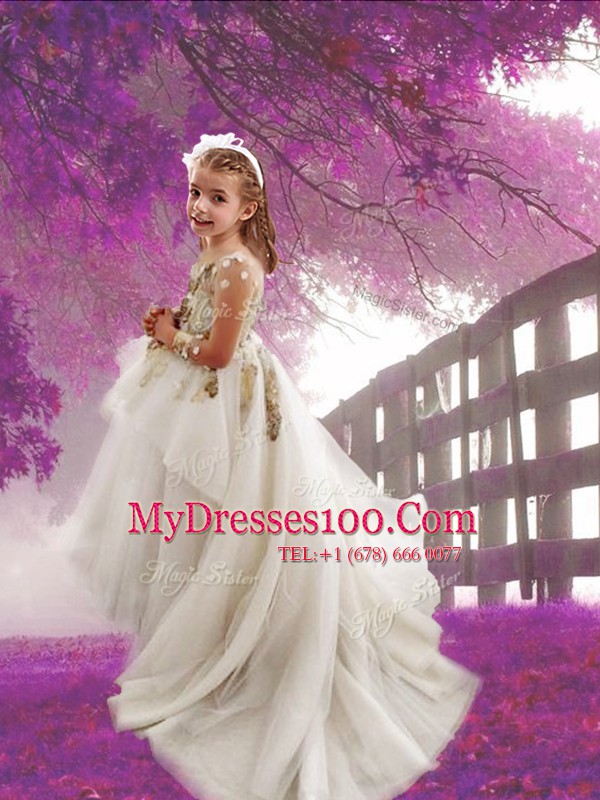 Scoop Long Sleeves With Train Zipper Flower Girl Dresses White for Party and Quinceanera and Wedding Party with Appliques Court Train
