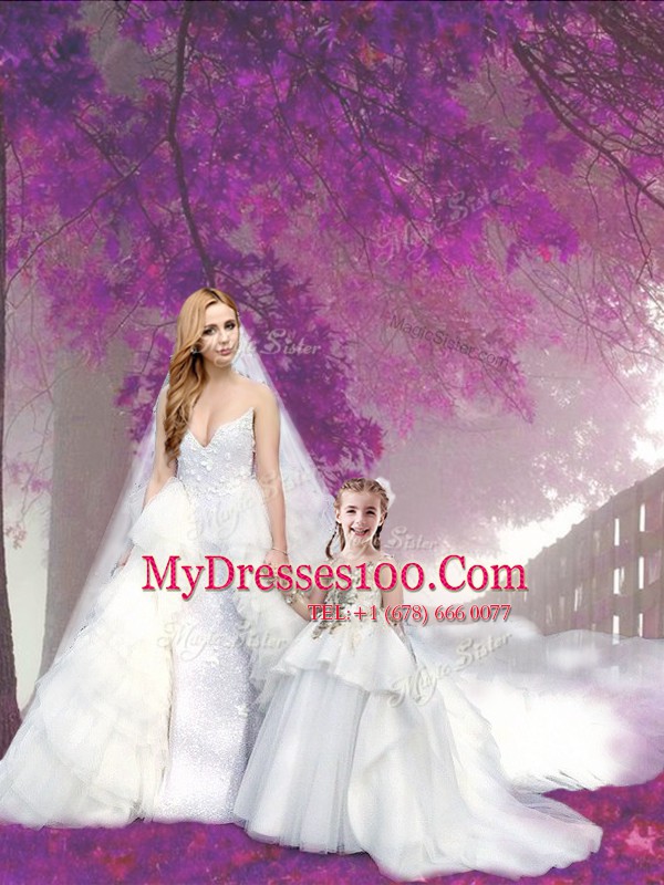 Scoop Long Sleeves With Train Zipper Flower Girl Dresses White for Party and Quinceanera and Wedding Party with Appliques Court Train
