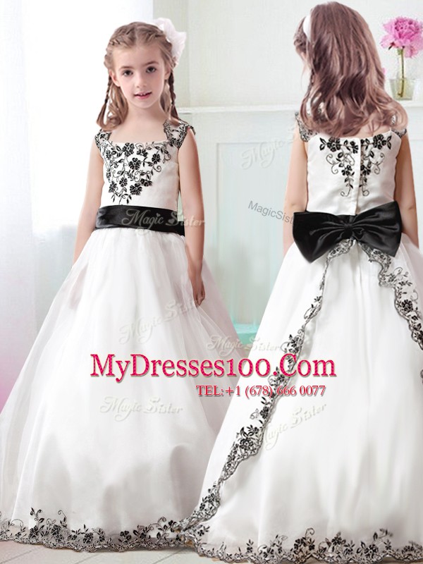 A-line Flower Girl Dress White Straps Tulle Sleeveless Floor Length Zipper