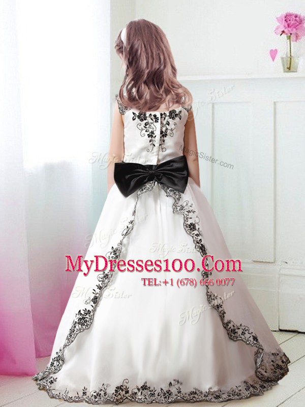 A-line Flower Girl Dress White Straps Tulle Sleeveless Floor Length Zipper