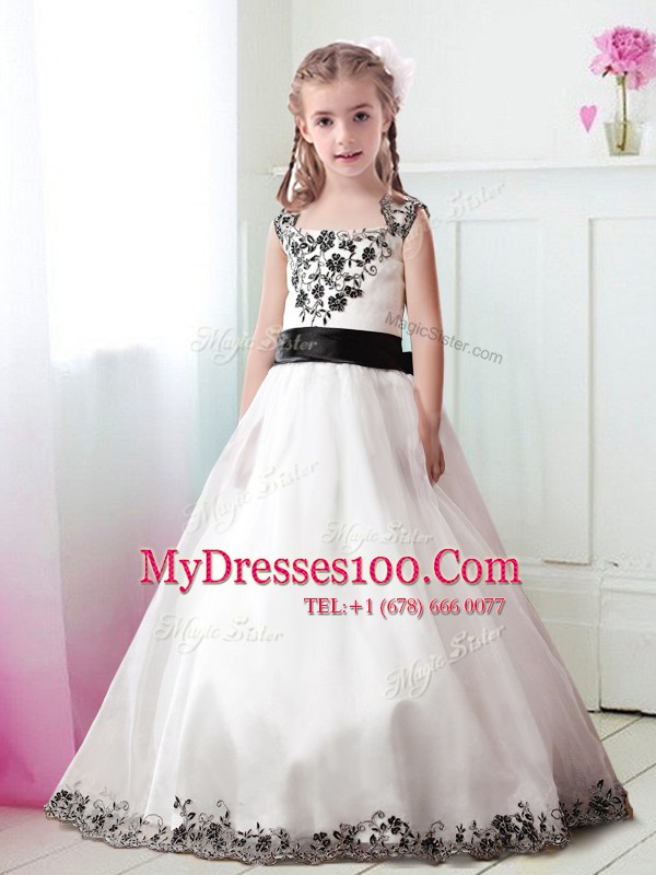 A-line Flower Girl Dress White Straps Tulle Sleeveless Floor Length Zipper
