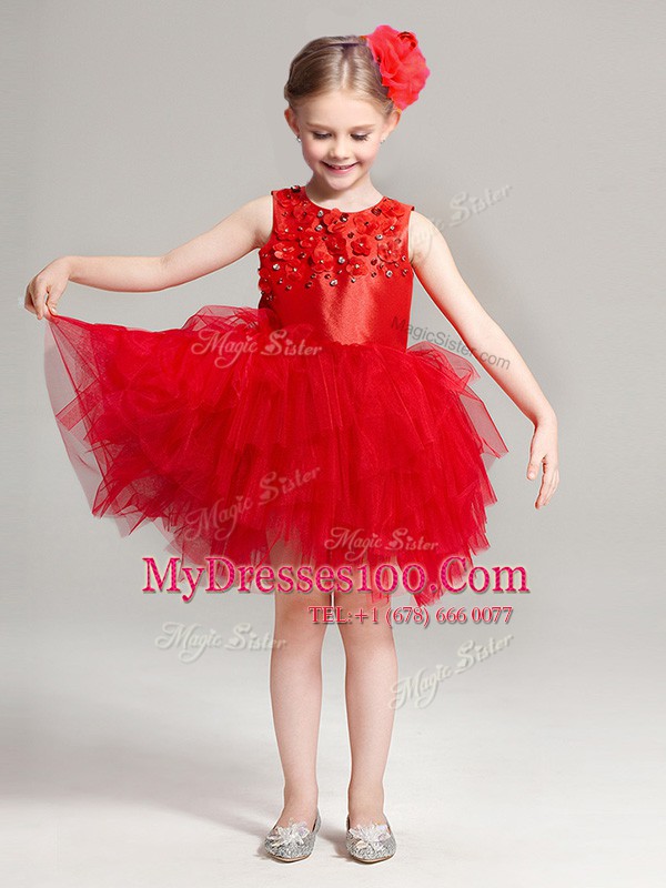 Great Scoop Sleeveless Mini Length Appliques and Ruffles Zipper Toddler Flower Girl Dress with Red