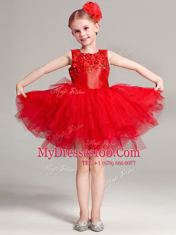 Great Scoop Sleeveless Mini Length Appliques and Ruffles Zipper Toddler Flower Girl Dress with Red