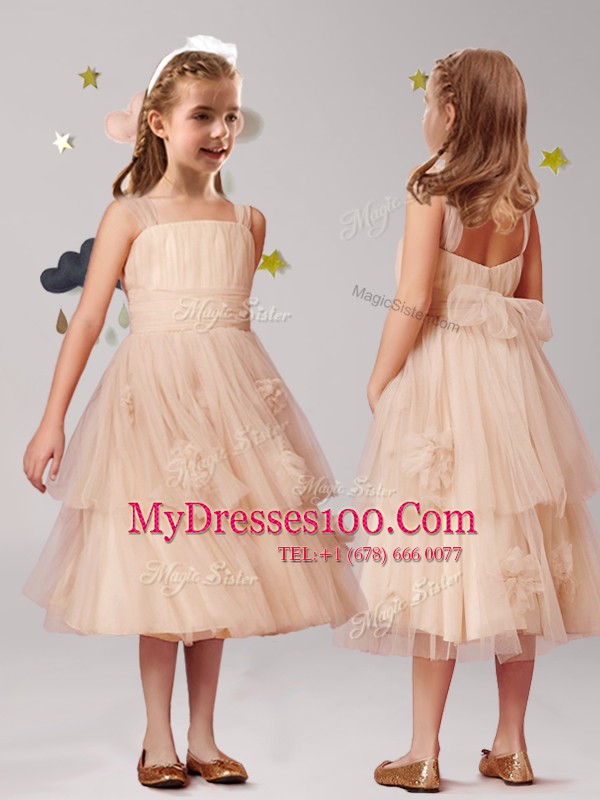 On Sale Straps Sleeveless Tea Length Appliques and Ruffles and Bowknot Zipper Flower Girl Dress with Champagne