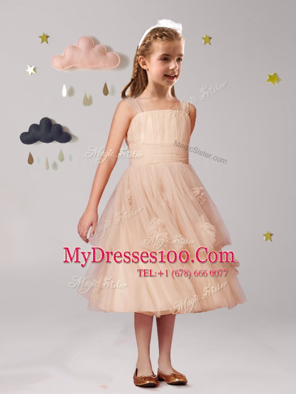 On Sale Straps Sleeveless Tea Length Appliques and Ruffles and Bowknot Zipper Flower Girl Dress with Champagne