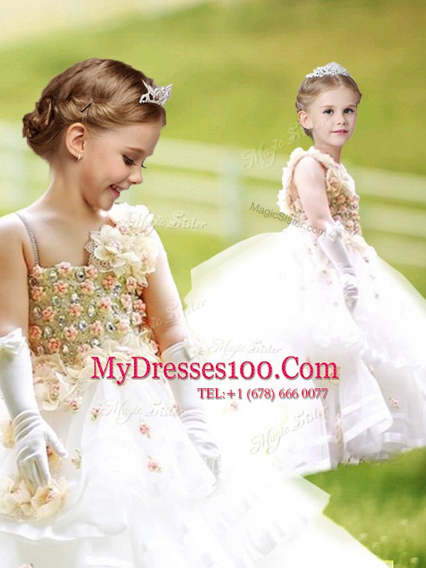 Custom Design Sleeveless Brush Train Zipper Ruffled Layers and Hand Made Flower Flower Girl Dress