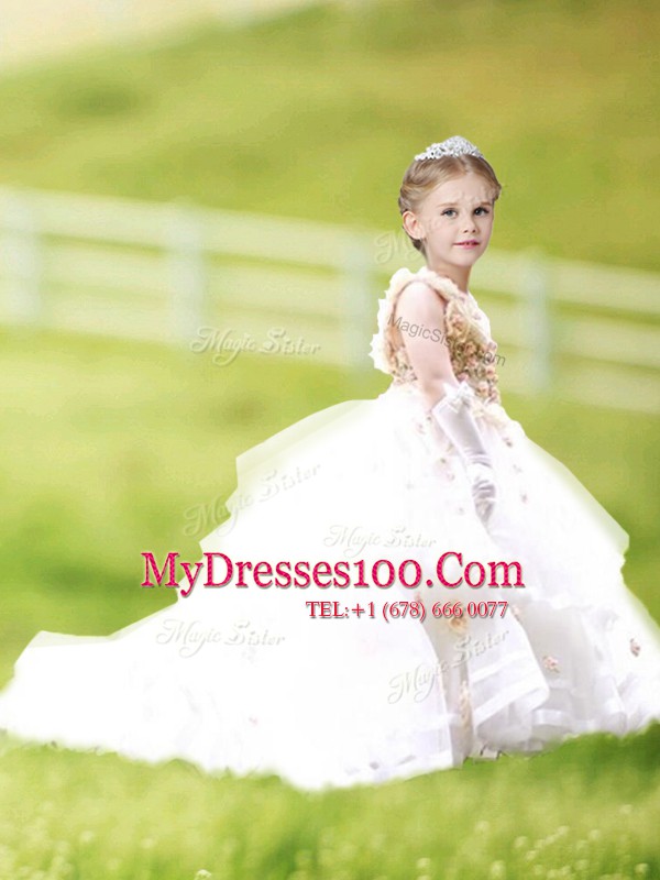 Custom Design Sleeveless Brush Train Zipper Ruffled Layers and Hand Made Flower Flower Girl Dress
