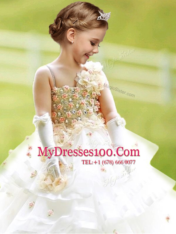 Custom Design Sleeveless Brush Train Zipper Ruffled Layers and Hand Made Flower Flower Girl Dress