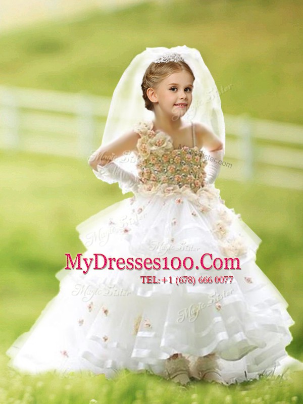 Custom Design Sleeveless Brush Train Zipper Ruffled Layers and Hand Made Flower Flower Girl Dress