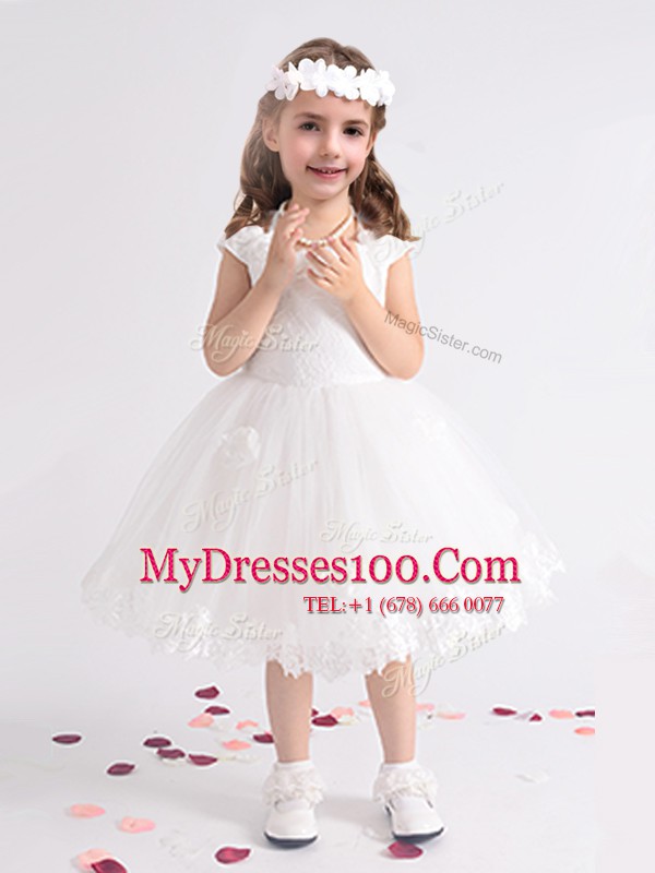 Chic Scoop White Ball Gowns Lace and Appliques and Hand Made Flower Flower Girl Dresses Zipper Tulle Cap Sleeves Tea Length