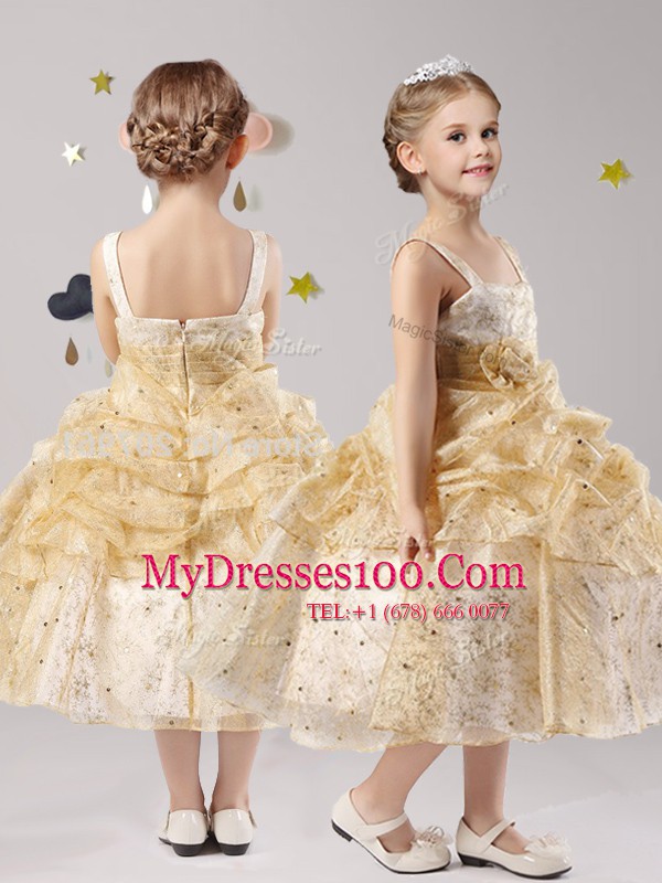 Attractive Straps Gold Ball Gowns Pick Ups and Hand Made Flower Flower Girl Dresses for Less Zipper Organza Sleeveless Tea Length
