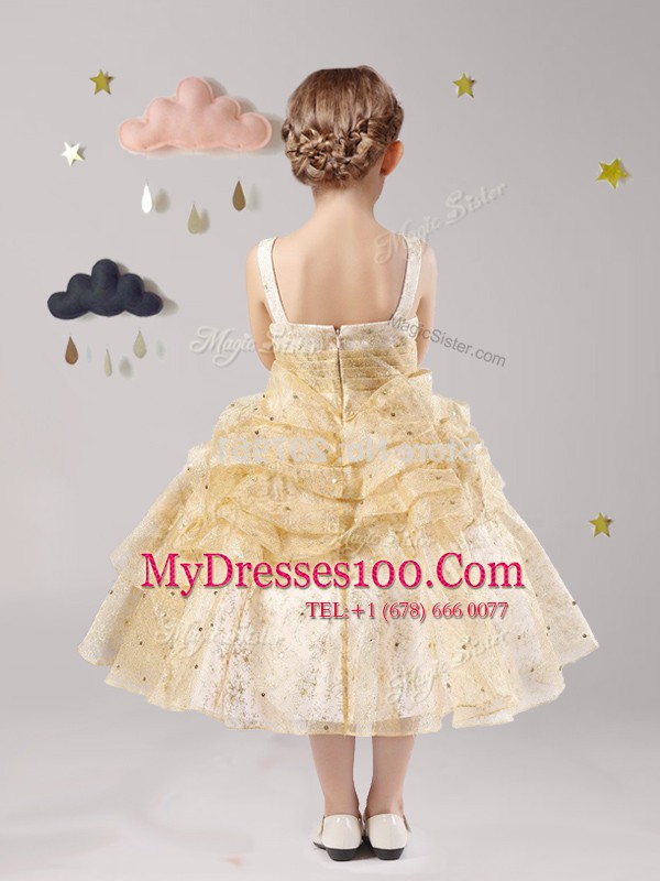 Attractive Straps Gold Ball Gowns Pick Ups and Hand Made Flower Flower Girl Dresses for Less Zipper Organza Sleeveless Tea Length
