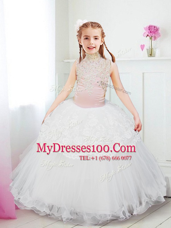 Luxury Ball Gowns Toddler Flower Girl Dress White Halter Top Tulle Sleeveless Floor Length Zipper
