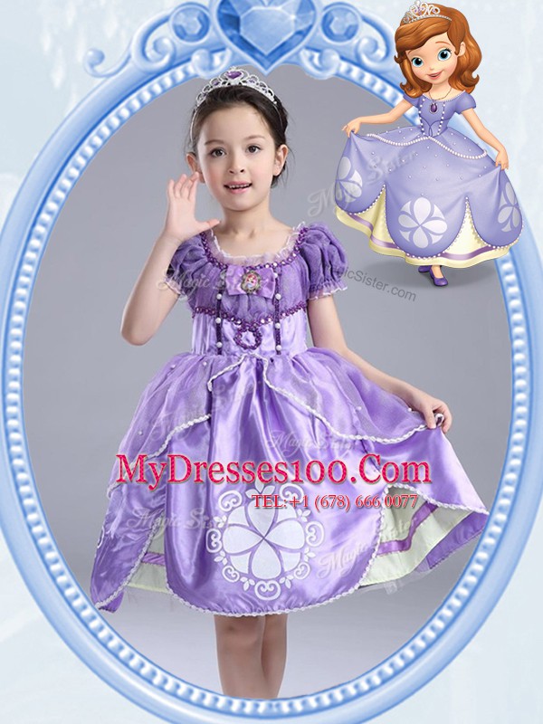 Lavender Toddler Flower Girl Dress Party and Quinceanera and Wedding Party and For with Beading and Pattern and Bowknot Scoop Short Sleeves Side Zipper