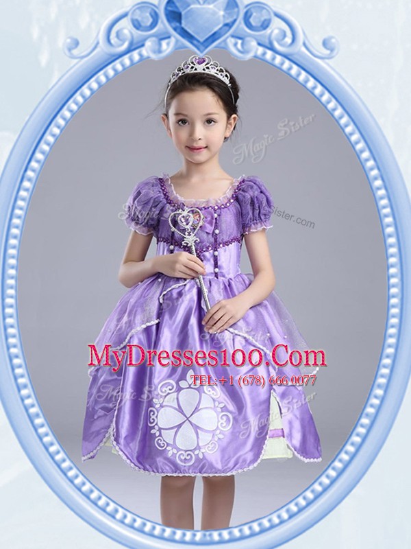 Lavender Toddler Flower Girl Dress Party and Quinceanera and Wedding Party and For with Beading and Pattern and Bowknot Scoop Short Sleeves Side Zipper