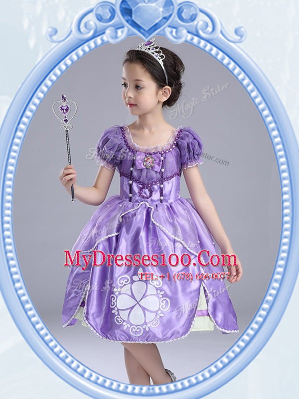 Lavender Toddler Flower Girl Dress Party and Quinceanera and Wedding Party and For with Beading and Pattern and Bowknot Scoop Short Sleeves Side Zipper