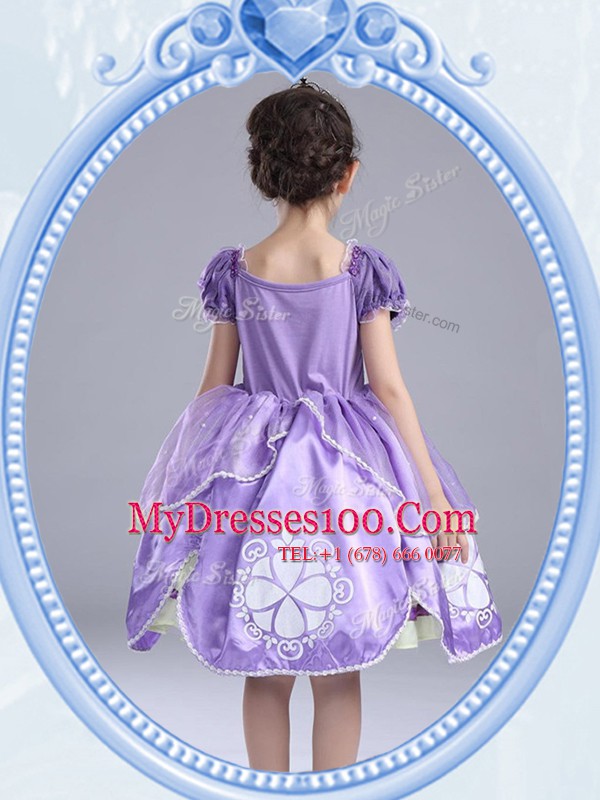 Lavender Toddler Flower Girl Dress Party and Quinceanera and Wedding Party and For with Beading and Pattern and Bowknot Scoop Short Sleeves Side Zipper