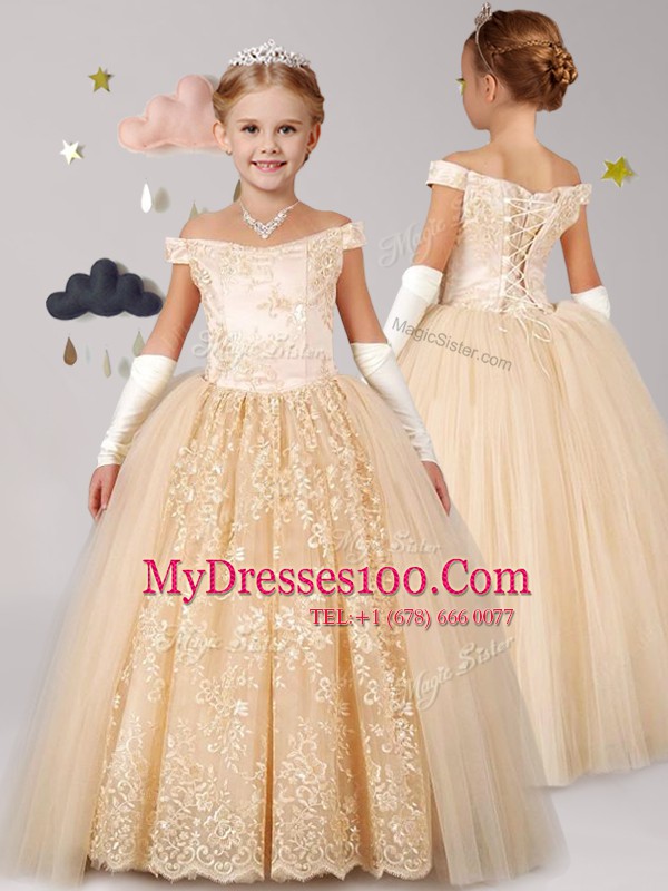 Eye-catching Champagne Flower Girl Dress Party and Quinceanera and Wedding Party and For with Lace Off The Shoulder Cap Sleeves Lace Up
