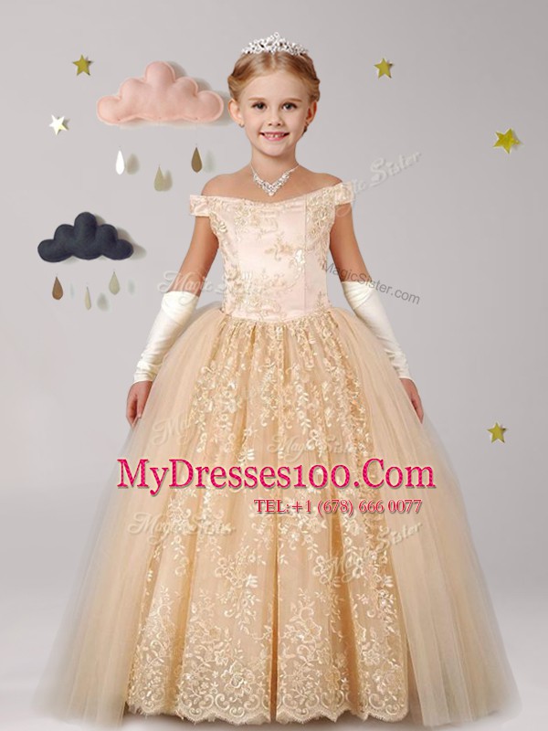Eye-catching Champagne Flower Girl Dress Party and Quinceanera and Wedding Party and For with Lace Off The Shoulder Cap Sleeves Lace Up