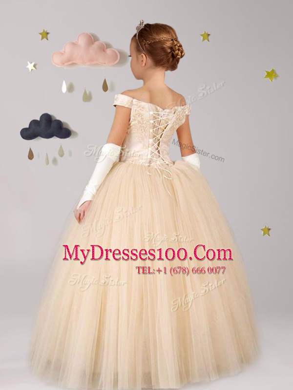 Eye-catching Champagne Flower Girl Dress Party and Quinceanera and Wedding Party and For with Lace Off The Shoulder Cap Sleeves Lace Up