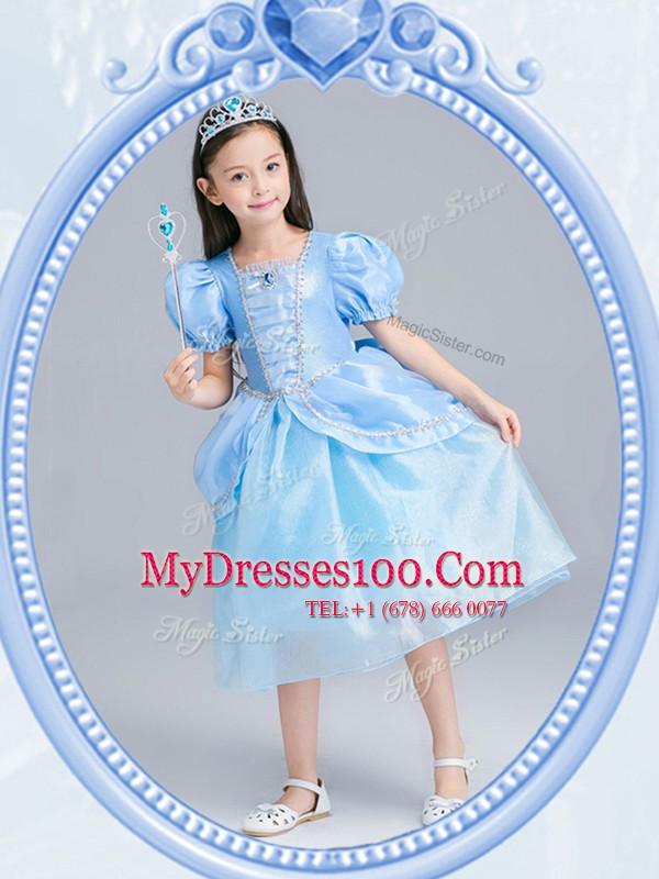 Square Short Sleeves Tea Length Beading Zipper Flower Girl Dresses for Less with Light Blue