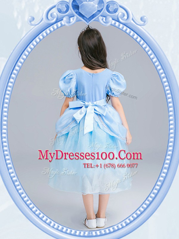 Square Short Sleeves Tea Length Beading Zipper Flower Girl Dresses for Less with Light Blue