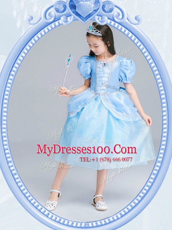 Square Short Sleeves Tea Length Beading Zipper Flower Girl Dresses for Less with Light Blue