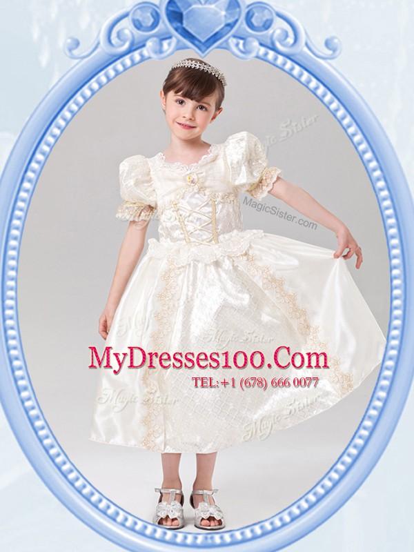 Pretty Scoop Short Sleeves Tea Length Zipper Flower Girl Dresses for Less White for Quinceanera and Wedding Party with Beading