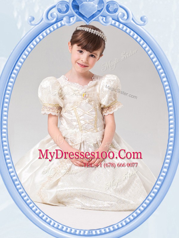 Pretty Scoop Short Sleeves Tea Length Zipper Flower Girl Dresses for Less White for Quinceanera and Wedding Party with Beading